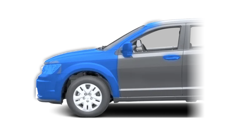 Full hood, full fender, full bumper, headlight, fog light, mirror, door cup, A-pillar and roof line highlighted in blue on a SUV