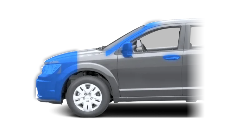 Front of the hood and fender, full bumper, headlight, fog light, mirror, door cup, A-pillar and roof line highlighted in blue on a SUV