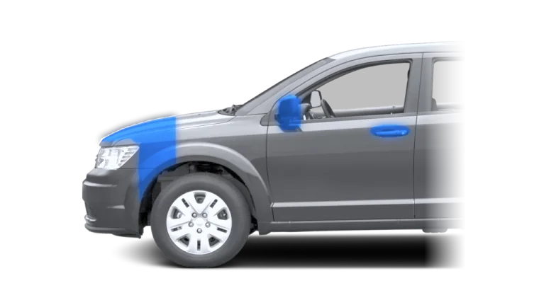Front of the hood, the front of the fender, the mirror and the door cup highlighted in blue on a SUV