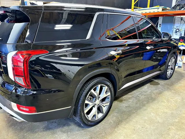 Black Hyundai Palisade, rear three-quarter view with a deep shine